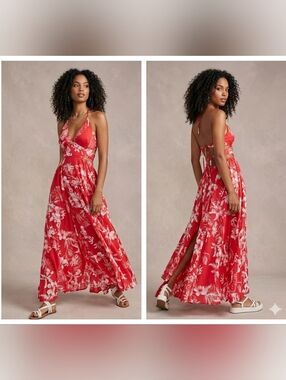 Free Pepole Red Floral Halter Maxi Dress